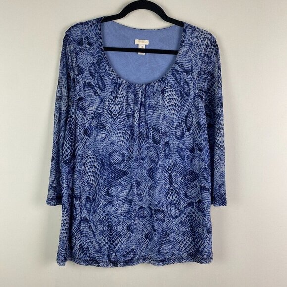 Chicos Shirred Mesh Snakeskin Blouse Size 3 US XL Blue 3/4 Sleeves - Picture 1 of 9